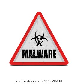 Malware warning sign on a red and white triangular sign board.