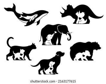 Mama and baby animals silhouette. Set of cute animals sign, logo, emblem or badge. Mom with baby symbol.