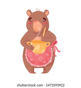 Mama bear apron holds food in a pot. Vector illustration on white background.