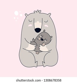 Mama Bear And Baby Bear On Pink Background. Vector Illustration