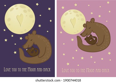 Mama bear and baby under the moon, cute nursery art, Flat cartoon illustration