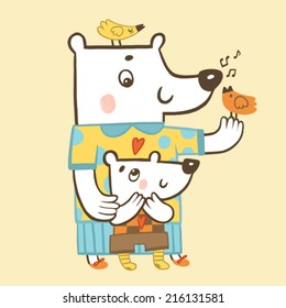 Mama bear and cub listening singing birds. Funny characters.