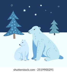 Mamãe urso e bonito bebê urso na paisagem de inverno noite. com estrelas e abetos árvores. Ilustração vetorial estilizada para cartões-postais.