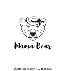 Mama bear. Mothers day greeting card in cartoon style with bear in Wide-brimmed hat. Vector illustration.