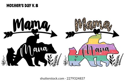 Mama Bear. Mother's Day V8 , Mama bear and baby bear silhouettes with flowers and leaves. Leopard letter arrow heart EPS. file design for t-shirt svg