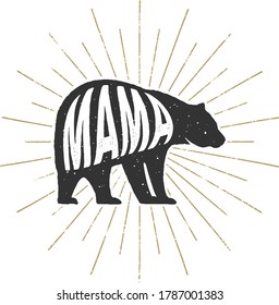 Mama Bear - Premium, Modern, Custom Gold and Grey Vintage Vector Grizzly Icon Silhouette with Distressed Grunge Textured Animal Illustration and Deco Sun Star Burst Shine Rays Family Apparel Design