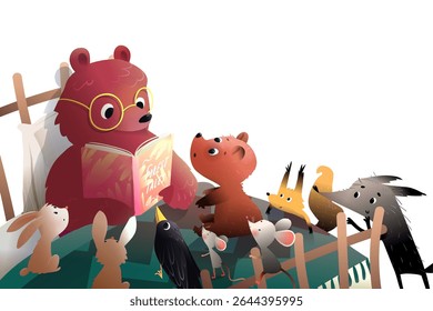 Mama Bear reading a book to baby forest animals before bed. Squirrel rabbit wolf and baby bear reading a fairy tale book with mother bear before sleep. Fairytale vector Illustration for children.