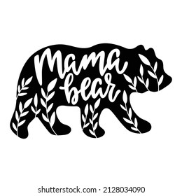 Mamá tiene silueta de oso con hojas. Afiche de niños para guardería. Tarjeta del Día de la Madre. El oso está aislado en un fondo blanco. Ilustración portadora de bebé.