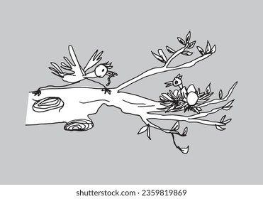 Mama Bird Feeding its baby in nest with worm. Vector Doodle Scribble, easy to change color.