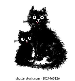 Mama cat and her baby kitten sitting. Hand drawn illustration cute fluffy funny cats.