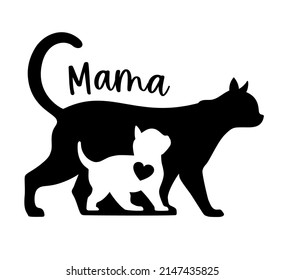Mama cat and kitten silhouette. Animal sign, logo, emblem or badge. Pet vector illustration. Mom with baby animals symbol.