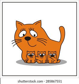 Mama Cat And Three Little Kittens In Cartoon Style.