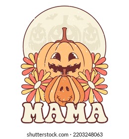Mama Cute Pumpkin Halloween Design, Retro Halloween Poster.
