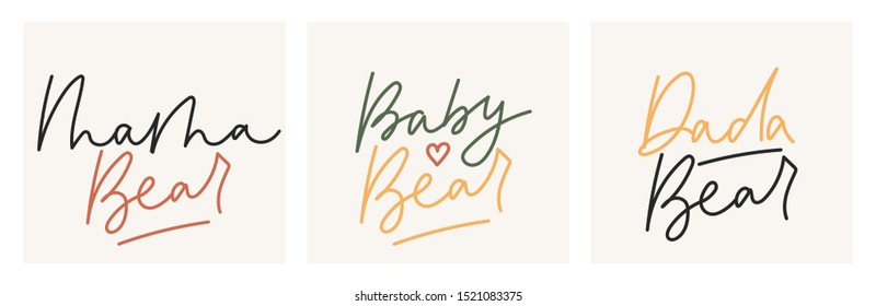 Mama dada baby bears lettering colorful card set vector illustration. Handwriting phrase for kid, mother and father. Family inspirational postcard or cover, creative idea