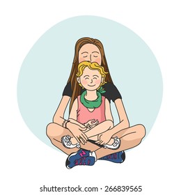 mama and daughter yoga. vector cartoon illustration