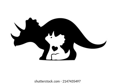 Mama dinosaur and baby dinosaur silhouette. Cute dino sign, logo, emblem or badge. Triceratops vector illustration. Mom with baby symbol.