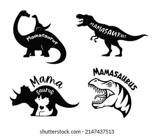 Mama dinosaurs and baby dinosaur silhouette with quote mamasaurus. Funny dino sign, logo, emblem or badge. mothers Day vector illustration.