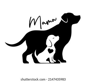 Mama dog and puppy silhouette. Animal sign, logo, emblem or badge. Pet vector illustration. Mom with baby animals symbol.