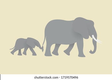 Mama elephant walking with baby together on beige background. Modern vector in simple flat style. Happy Mothers day concept. Family of grey elephants. Save wildlife