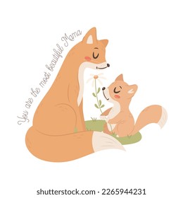 Mama Fox with baby. Happy Mothers day greeting card concept.