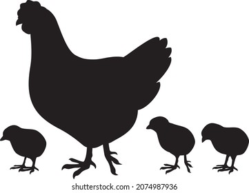 Mama hen and baby chicks (mom, chicken, farm design). Vector illustration.