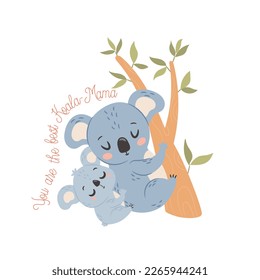 Mama Koala with baby. Happy Mothers day greeting card concept.