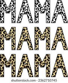 Señal de la impresión de Mama leopard. Texto mami con impresión leopardo superpuesto en tres variaciones.