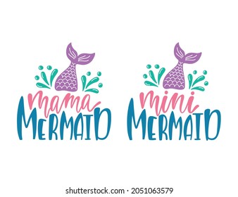 Mama mermaid and mini mermaid vector illustrations.