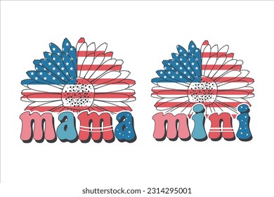 Mama mini 4th of July retro sublimation flower vector design for t-shirts, tote bags, cards, frame artwork, phone cases, mugs, stickers, tumblers, print, etc.