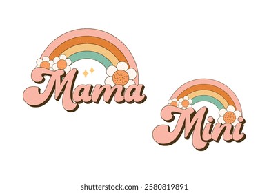 

mama mini mothers Day retro sublimation rainbow design for t-shirts, tote bags, cards, frame artwork, phone cases, bags, mugs, stickers, tumblers, print, etc