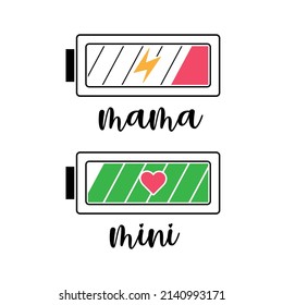 Mama and mini vector set. Vector love typography for baby girl or boys. Mom's life drawing. Mother's day graphics. Mommy and me cartoon illustration. Matching icons.