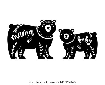 Mama and mini vector set. Vector love typography for baby girl or boy. Mom life drawing. Mama bear design. Mommy and me cartoon illustration. Matching graphics.