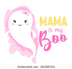 Mama is my boo - Happy Halloween handdrawn illustration. Handmade lettering print. Vector vintage illustration with cute Ghost with lovely quote. Good for prints on t-shirts and bags, posters, cards.