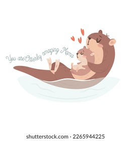 Mamá Otter con el bebé. El concepto de tarjeta de felicitación del día de las madres felices.