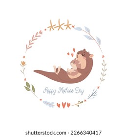 Mama Otter with baby. Happy Mothers day greeting card concept.