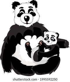 mama panda bear holds her baby bear in her arms