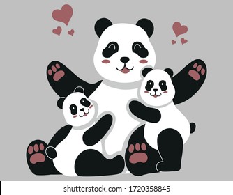 Mama Panda with her children happy