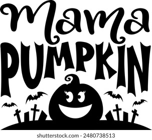 Mama Pumpkin. Halloween party lettering logo phrase. Black design element. Fashion design. Vector font illustration.