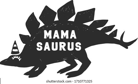 Mama saurus. Cute mother dinosaur doodle t-shirt design. Funny Dino collection. Textile design for baby boy birhday party on white background. Cartoon monster vector illustration.