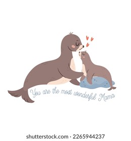 Mama Seal with baby. Happy Mothers day greeting card concept.