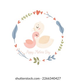 Mama Swan with baby. Happy Mothers day greeting card concept.