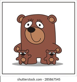 Mama And Two Bear Cubs In Cartoon Style.