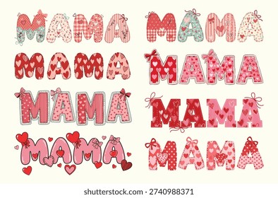 mama typography bundle featuring multiple vintage varsity letter designs with checkered patterns bows hearts and script overlays in pink and black perfect for mothers day shirts moms club hoodies mugs and sublimation crafts