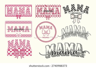 mama typography bundle featuring multiple vintage varsity letter designs with checkered patterns bows hearts and script overlays in pink and black perfect for mothers day shirts moms club hoodies mugs and sublimation crafts