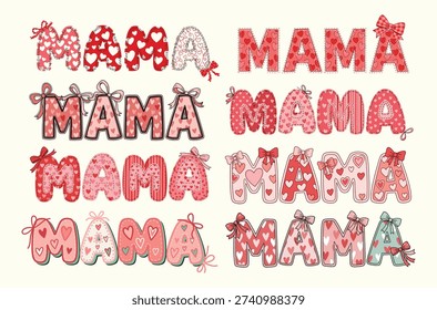 mama typography bundle featuring multiple vintage varsity letter designs with checkered patterns bows hearts and script overlays in pink and black perfect for mothers day shirts moms club hoodies mugs and sublimation crafts