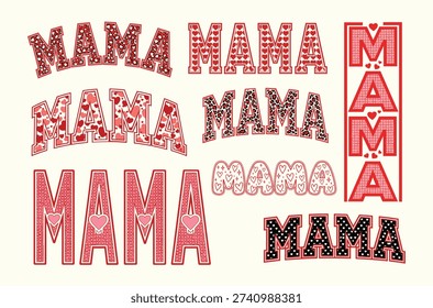 mama typography bundle featuring multiple vintage varsity letter designs with checkered patterns bows hearts and script overlays in pink and black perfect for mothers day shirts moms club hoodies mugs and sublimation crafts