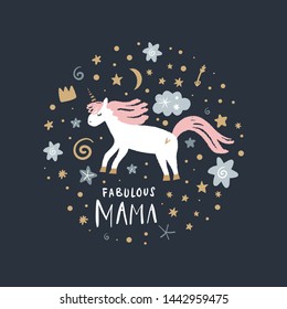 Mama unicorn and handdrawn lettering inscription. Adorable stylish poster or postcard. Vector illustration.