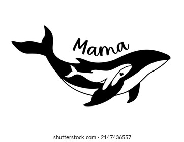 Mama whale and baby whale silhouette. Animal sign, logo, emblem or badge. Pet vector illustration. Mom with baby symbol.