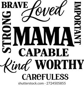 Mama Word Cloud mit positiven Affirmationen und inspirierenden Zitaten