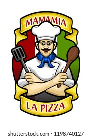 Mamamia La Pizza Chef with Mustache, Spoon, and Spatula Cartoon Logo, Emblem, Badge, Patch in Italian Background Stock Vector Illustration